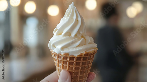 A close up of a hand holding a vanilla soft serve ice cream cone in a blurred indoor setting