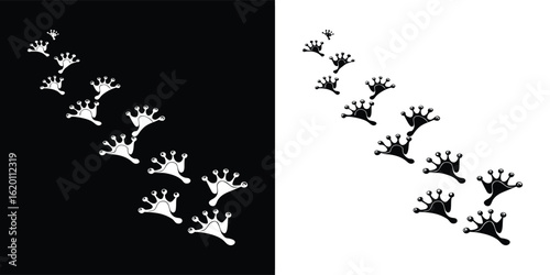 A series of animal footprints or paw prints forming a diagonal path, suggesting a journey or movement, presented as a graphic illustration, isolated on a black and white background