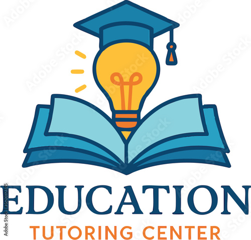 Educational Tutoring Logo with Book, Lightbulb, and Graduation Cap