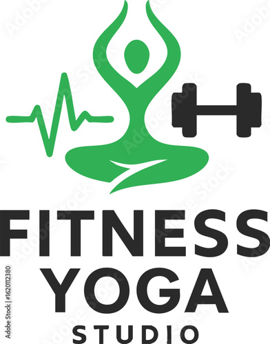 Fitness and Yoga Studio Logo with Green Pose and Dumbbell