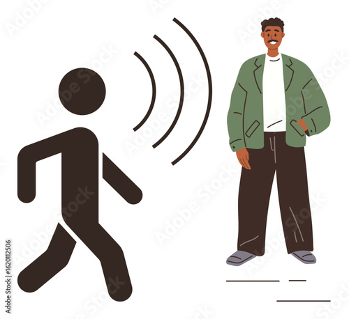 Human figure sending audible sound waves toward abstract walking person icon, communicating action or guidance. Ideal for communication, interaction, direction, assistance, sound, learning