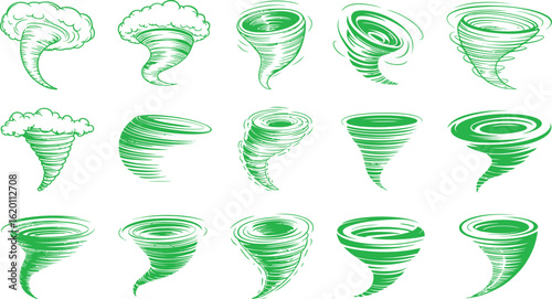 Green tornado vector set. Hand-drawn cyclone and twister icons. Sketchy wind swirl and storm funnel graphics. Isolated weather disaster symbols.
