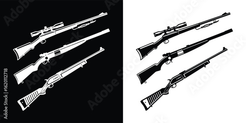 Collection of rifles with scopes on black and white backgrounds, representing precision shooting and hunting