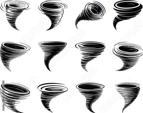 Tornado vector set. Collection of twister and cyclone icons. Stylized storm funnel graphics. Isolated whirlwind and weather disaster symbols.
