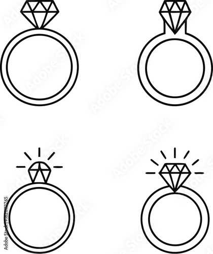 Diamond ring icon set. Simple outline jewelry symbols for engagement and wedding. Minimalist vector graphics for proposal and anniversary.
