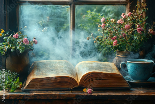 Open book on windowsill with coffee cup and pot of flowers.