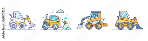 Four uniquely designed cartoon skid steer loaders with colorful elements