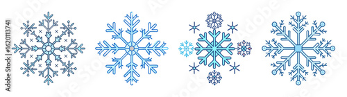 A collection of uniquely designed blue snowflakes on a white background