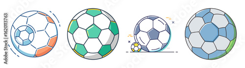 Four colorful soccer balls showcasing different designs and styles in a cartoonish art