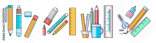 Collection of colorful school and office supplies for drawing and writing materials