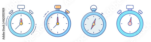 Set of four cartoon stopwatch icons with different color schemes and displays