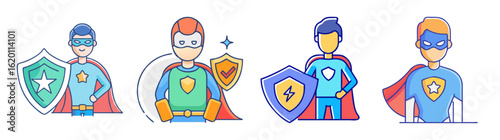 Collection of Four Superhero Cartoon Illustrations Protecting with Shields against Evil