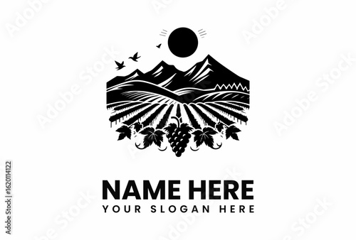 Elegant Vineyard Logo Depicting Grapes Mountains Birds and Sun in Silhouette.
