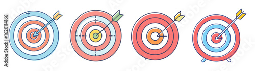 Set of four cartoonstyle target illustrations with arrows hitting the bullseye