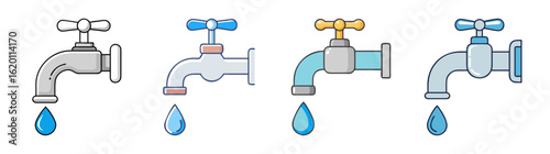 Four cartoon water taps dripping with different colors and styles shown here