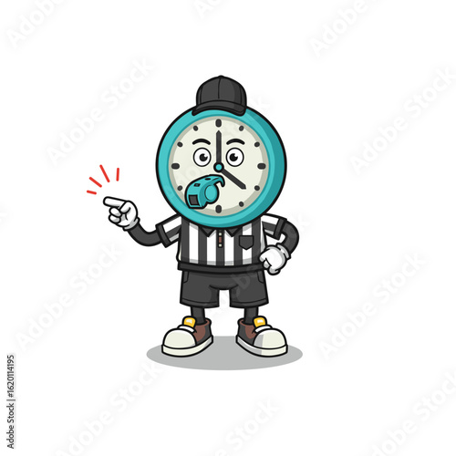 Tired cartoon clock referee sticking tongue out