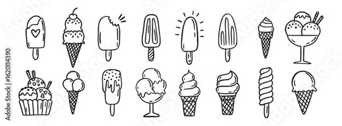 ice cream doodle hand drawn icon set. Outline drawing ice cream line clipart symbol collection