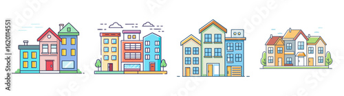 Colorful Cartoon Style Row Houses in a Neighborhood Illustration on White