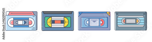 Four different colored retro VHS tapes vector illustration graphic design