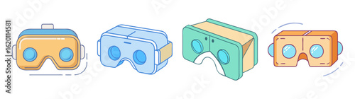Isometric cartoon illustration showing a diverse collection of VR headsets and viewers