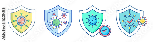 Immunity boost concept featuring various protective shields against viral infections