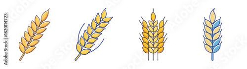 Four Cartoon Wheat Stalks Illustrating Different Varieties and Color Combinations