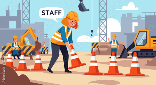 Construction site scene with female worker placing safety cone and other workers