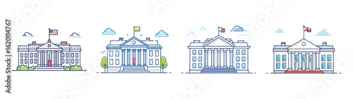 Four government buildings icons illustration on a white background showing different flags