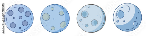 Four cartoon moons in different phases with craters and lunar details