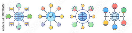Four different networking connections with global accessibility, people and devices linked worldwide