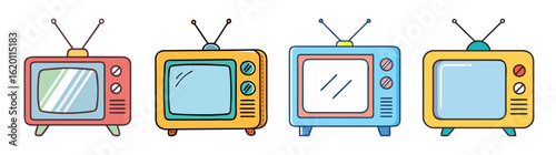 Retro television set collection in vibrant colors showcasing nostalgic broadcast history