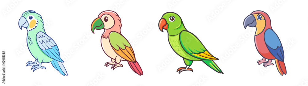 Fototapeta premium Four Colorful Cartoon Parrot Illustrations Set Against a White Background