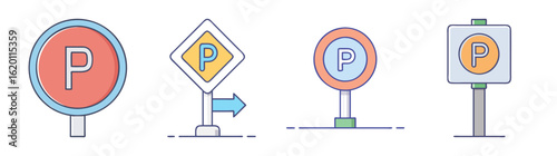 Colorful Cartoon Parking Sign Icons with Varying Shapes and Designs