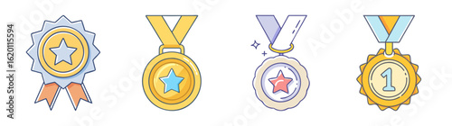 Collection of stylized gold, silver and bronze medals, badges and ribbons