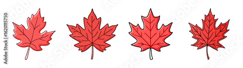 Four different variations of cartoon style red maple leaf icons