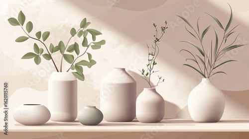 White flowers and plants in vases and neutral colored candles