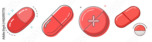 Various Types of Red Pill and Tablet Illustrations for Medical Treatment
