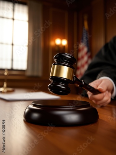 Courtroom proceedings judge delivering verdict legal setting interior view justice concept