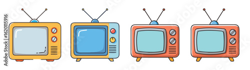 Four vintage television sets in a colorful cartoon retro style display