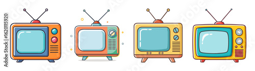 Cartoon illustration featuring a row of retro televisions with antennae design