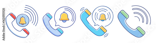 Incoming call notification depicted with ringing phone handsets and notification bell icons