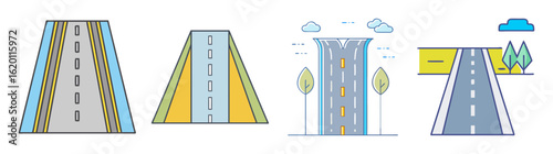 Four road illustrations each depicting different landscapes and perspectives of roads