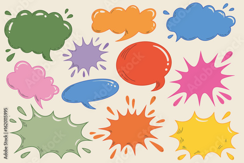 colorful speech bubbles and comic-style explosion shapes set, various dialogue and thought balloon vector elements