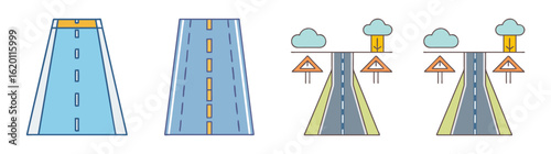 Illustrated road conditions and warnings depicting road safety challenges ahead for drivers