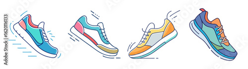 Colorful collection of cartoon running shoes in various positions and color combinations