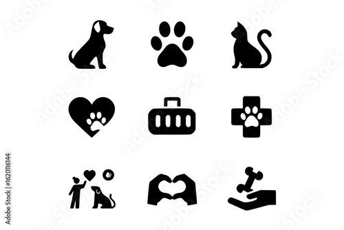 A collection of black and white pet related icons displayed on a white background