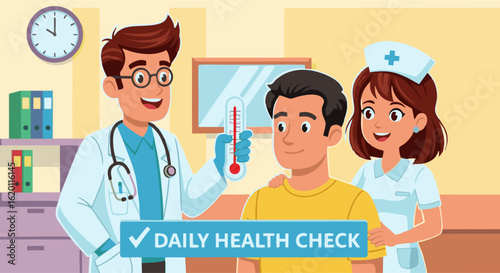 Doctor Checking Patient's Temperature with Nurse in Medical Office Setting