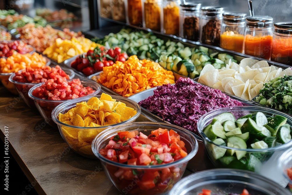 Obraz premium A colorful taco bar with various toppings and salsas. Celebratory gatherings. Fun food. Interactive dining experience