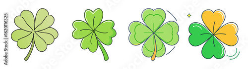 Collection of four clover leaves, lucky symbols for Saint Patrick's Day