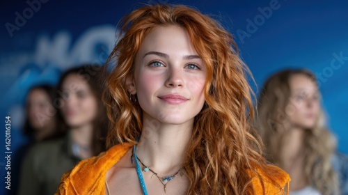 young woman with curly red hair is smiling confidently at a gathering, surrounded by a group of friends. vibrant blue background adds a lively feel to the atmosphere